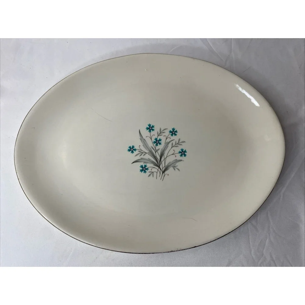Mid MCM Scio USA HAMPTON Plate Teal Cornflower Turquoise‎ Flower Oval Serving